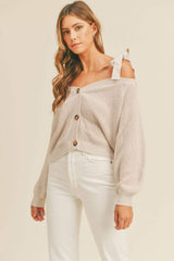 MABLE Off Shoulder Self Tie Strap Button Down Sweater - Trendsi - Flyclothing LLC