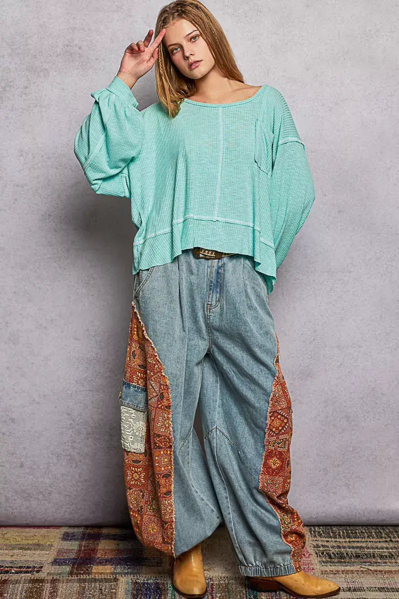 POL Round Neck Long Sleeve Exposed Seam Top with Chest Pocket - Trendsi - Flyclothing LLC