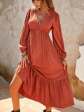 Ruched V-Neck Long Sleeve Midi Dress - Trendsi