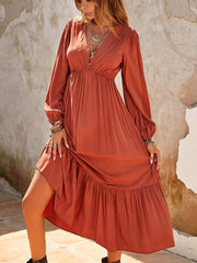 Ruched V-Neck Long Sleeve Midi Dress - Trendsi