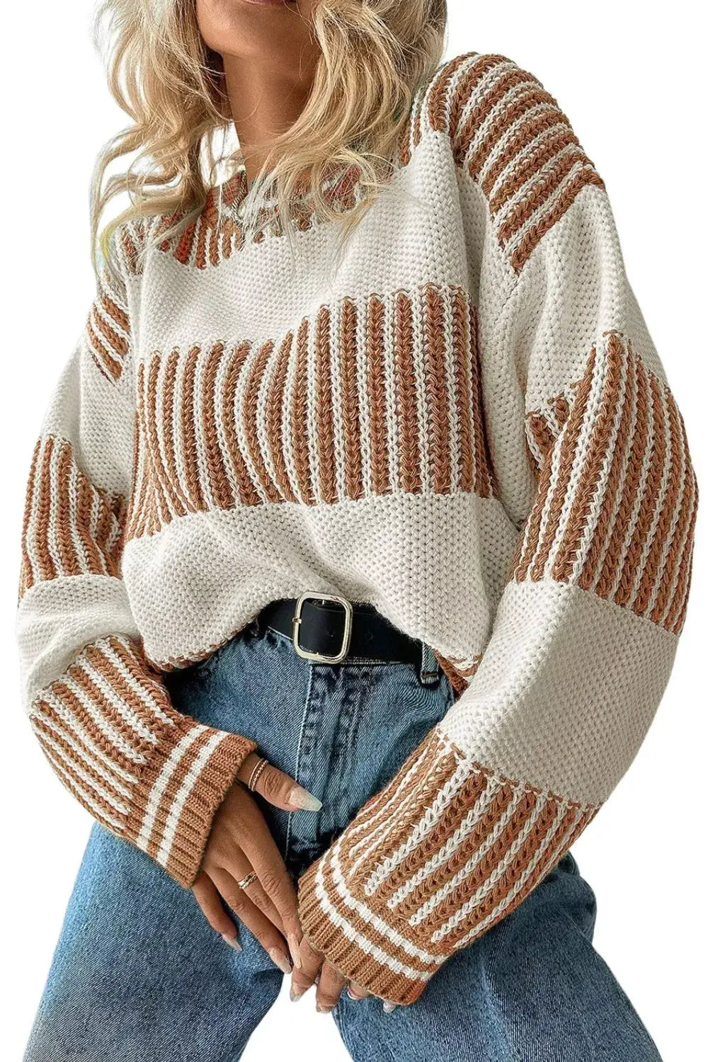 Striped Knit Long Sleeve Sweater - Trendsi - Flyclothing LLC