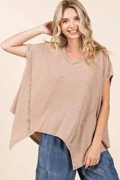 Mittoshop Mineral Wash Waffle Knit Pointed Hem Oversized Top - Trendsi