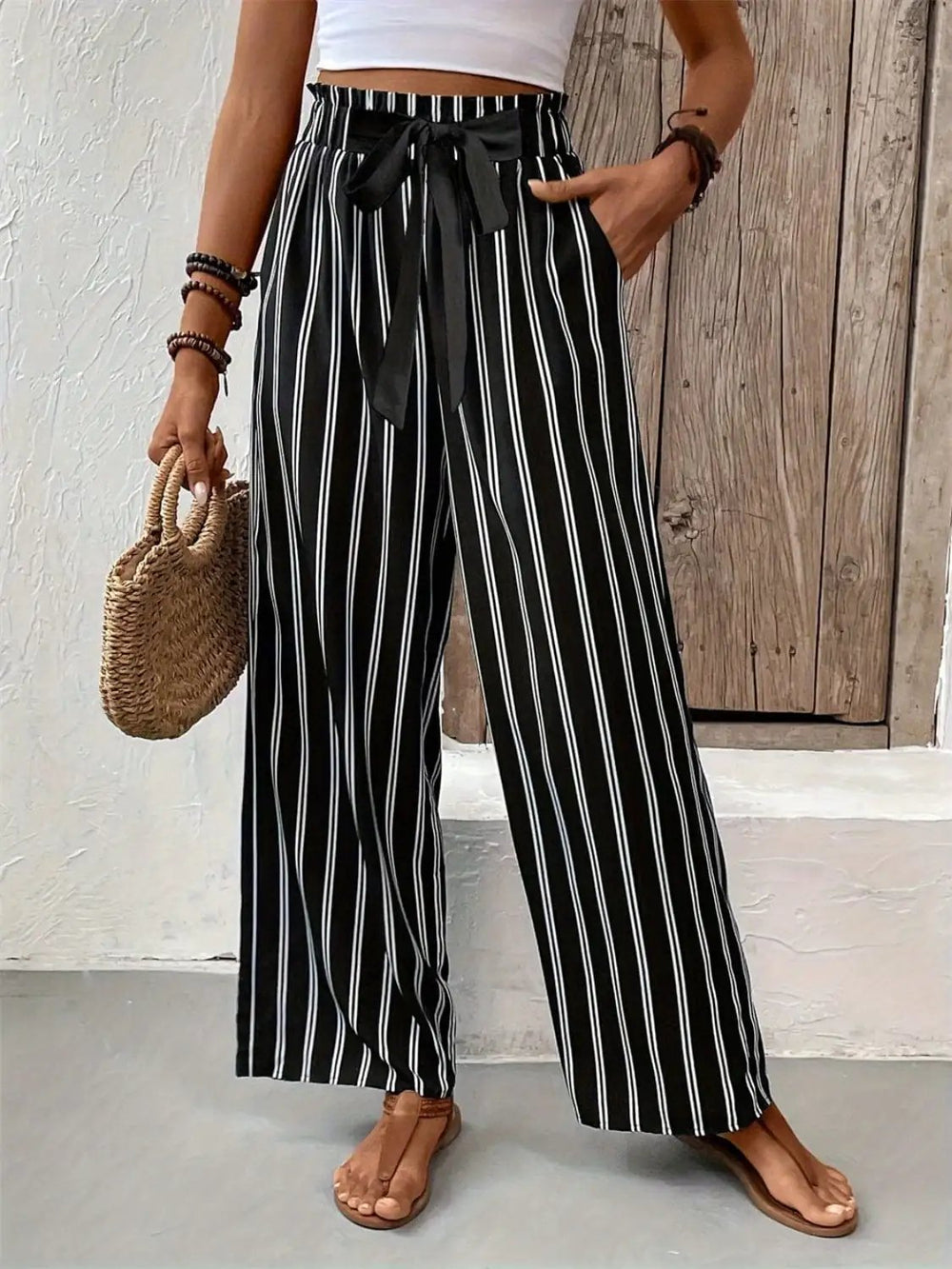 Striped High Waist Wide Leg Pants - Trendsi