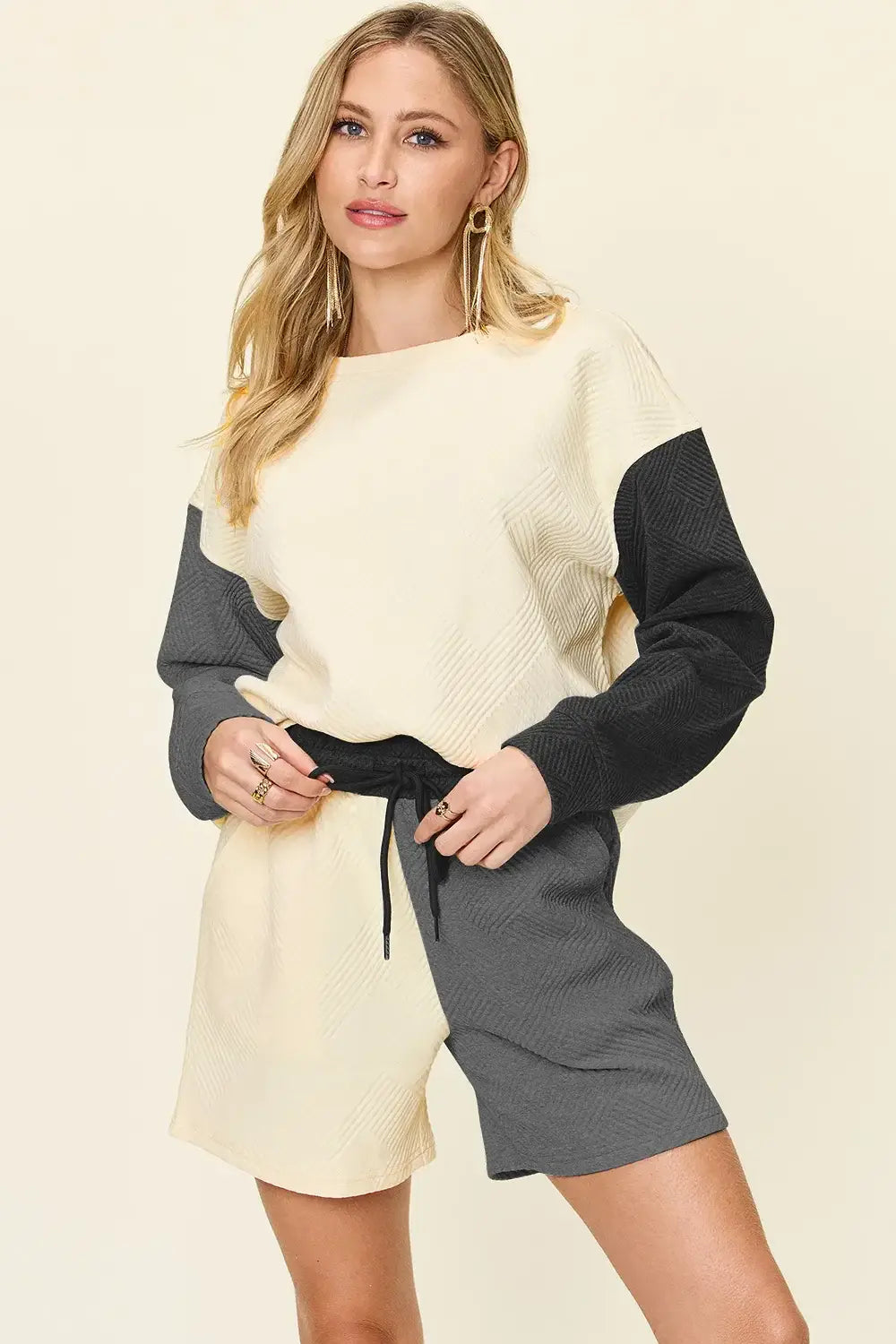 Double Take Full Size Contrast Drop Shoulder Top and Shorts Set - Trendsi - Flyclothing LLC