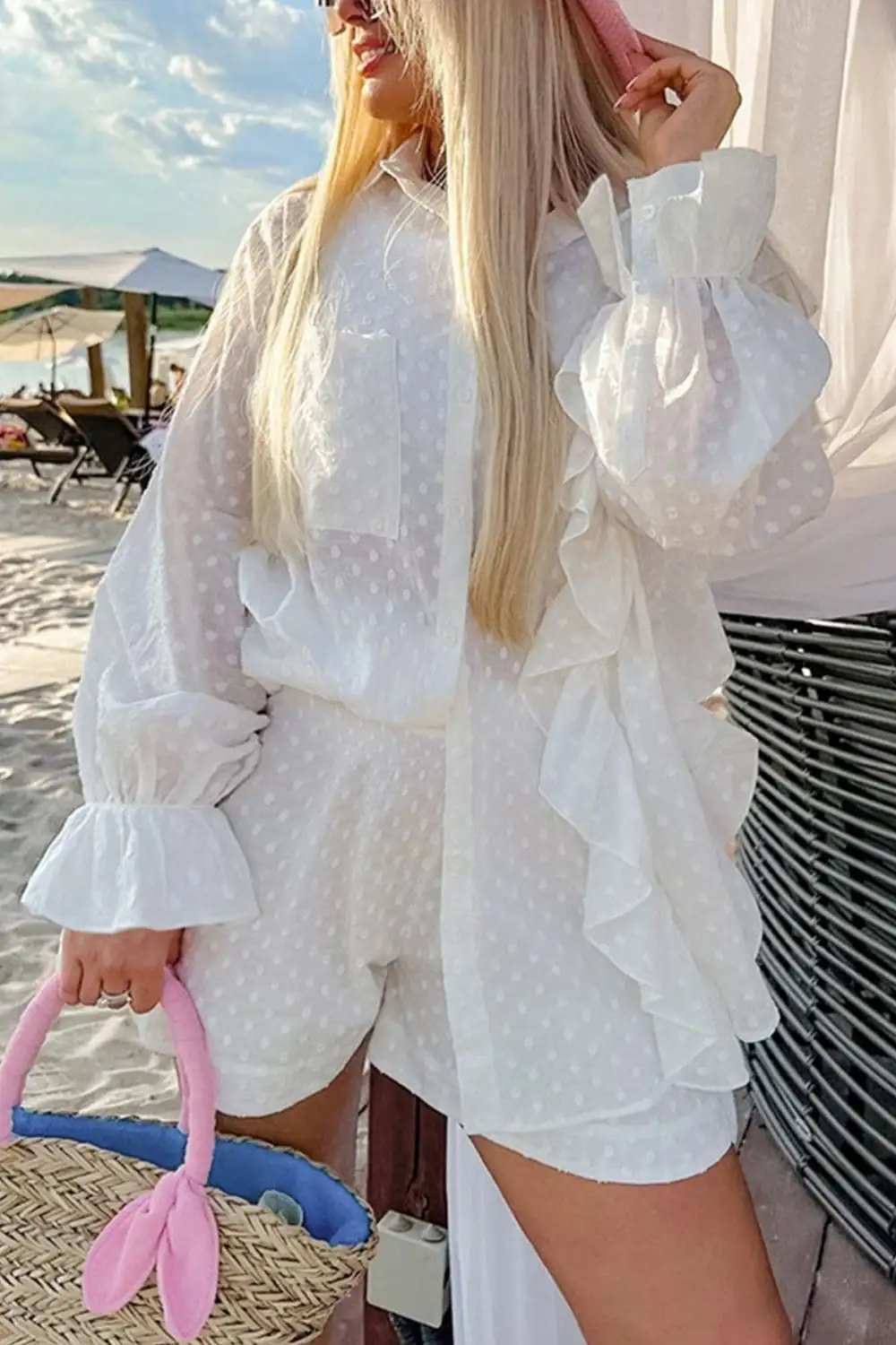 Ruffled Dot Applique Collared Neck Top and Shorts Set - Trendsi - Flyclothing LLC