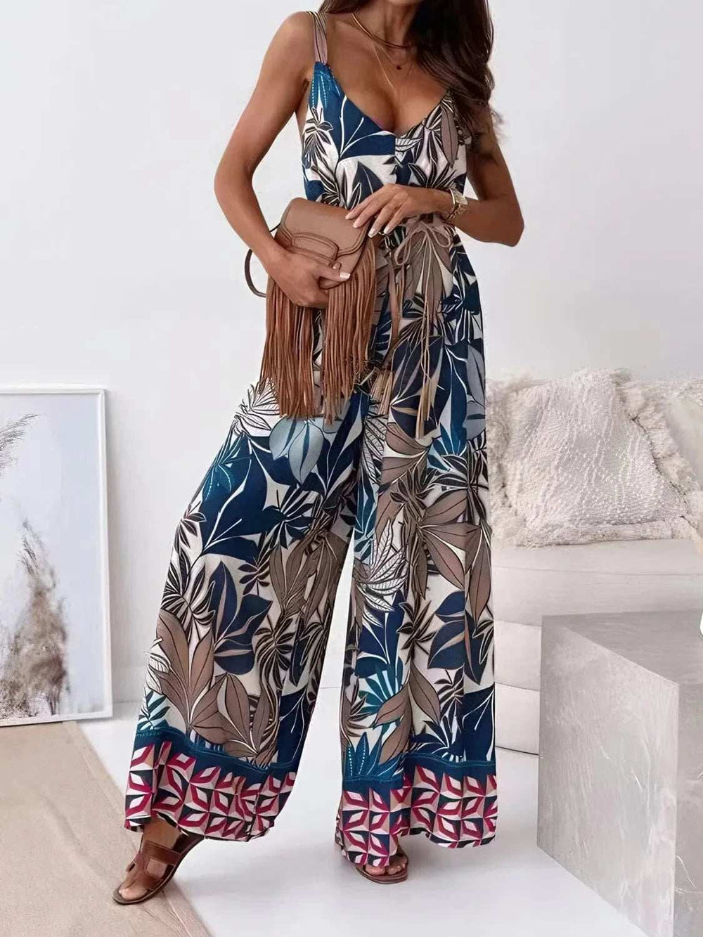 Printed V-Neck Wide Leg Jumpsuit - Trendsi - Flyclothing LLC