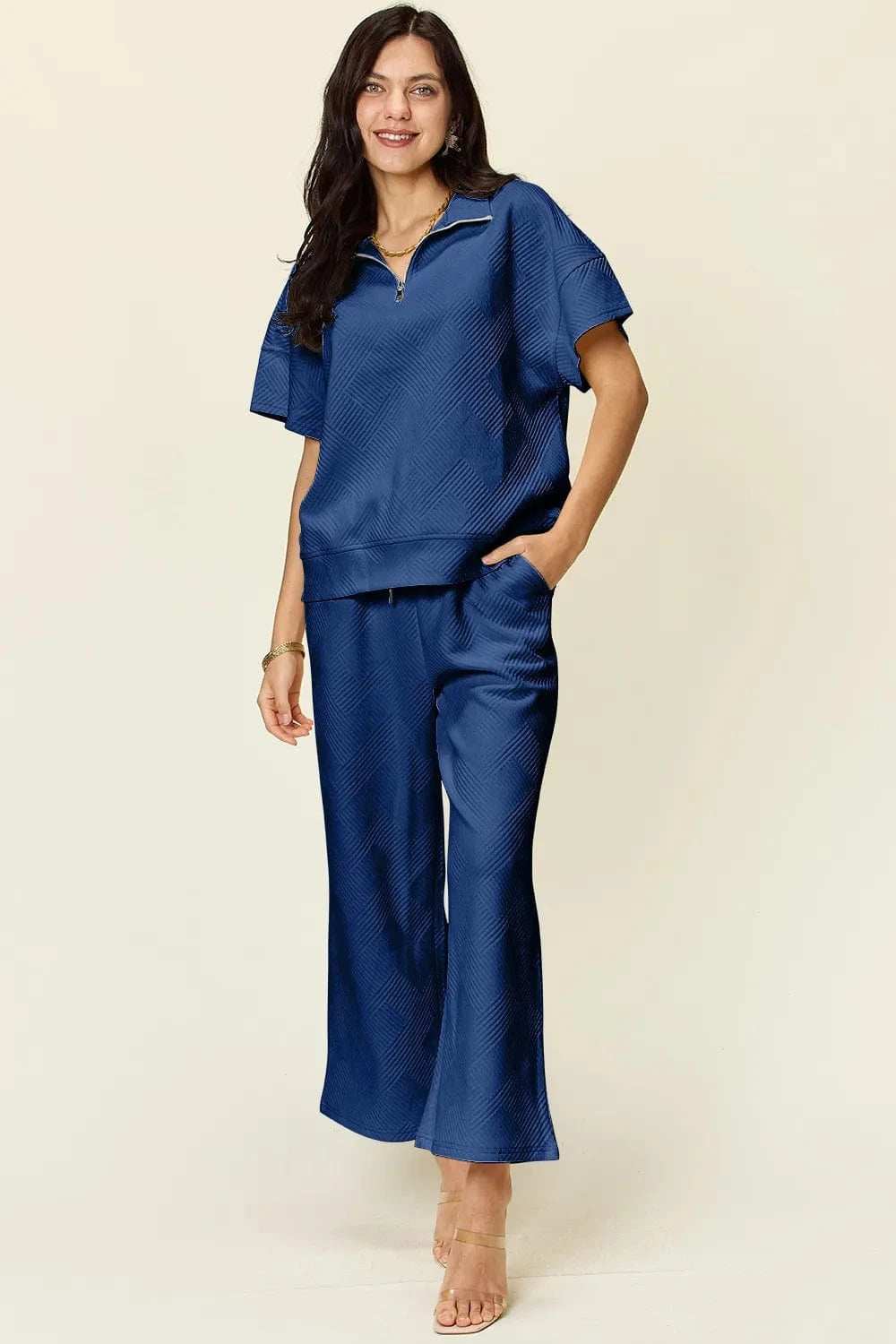 Double Take Full Size Texture Half Zip Short Sleeve Top and Pants Set - Trendsi - Flyclothing LLC