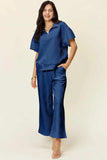 Double Take Full Size Texture Half Zip Short Sleeve Top and Pants Set - Trendsi - Flyclothing LLC