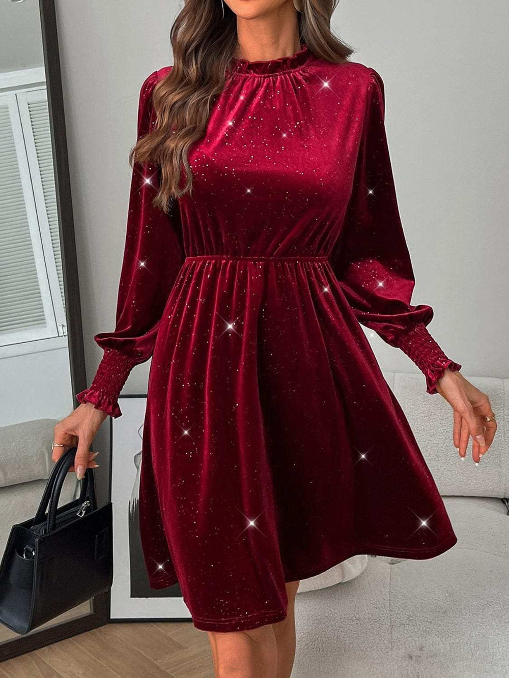 Glitter Mock Neck Long Sleeve Mini Dress - Trendsi - Flyclothing LLC