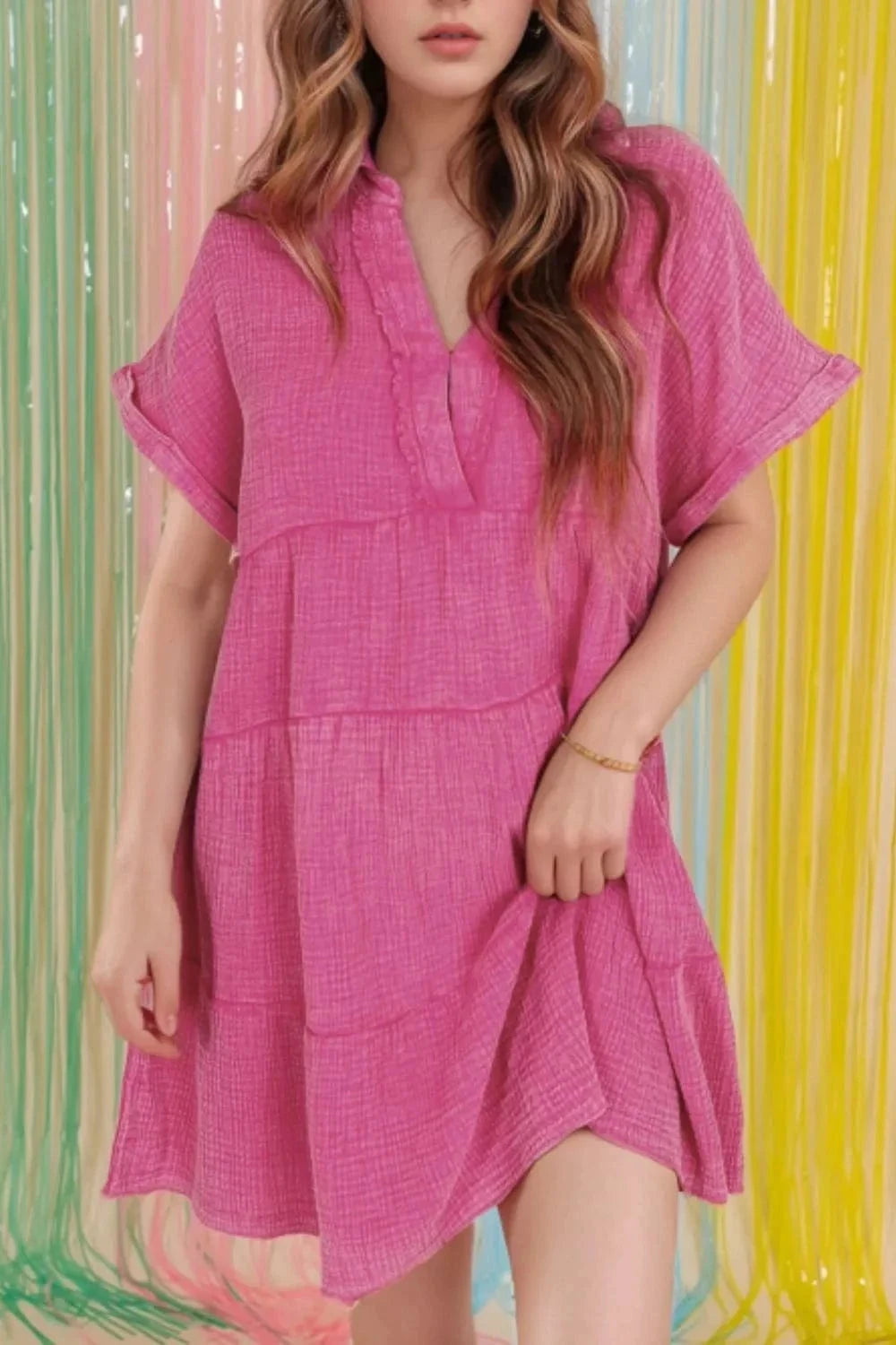 Mineral Wash Crinkle Split Neck Raw Hem Tiered Dress - Trendsi