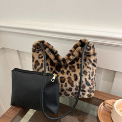 Leopard Furry Shoulder Bag - Trendsi
