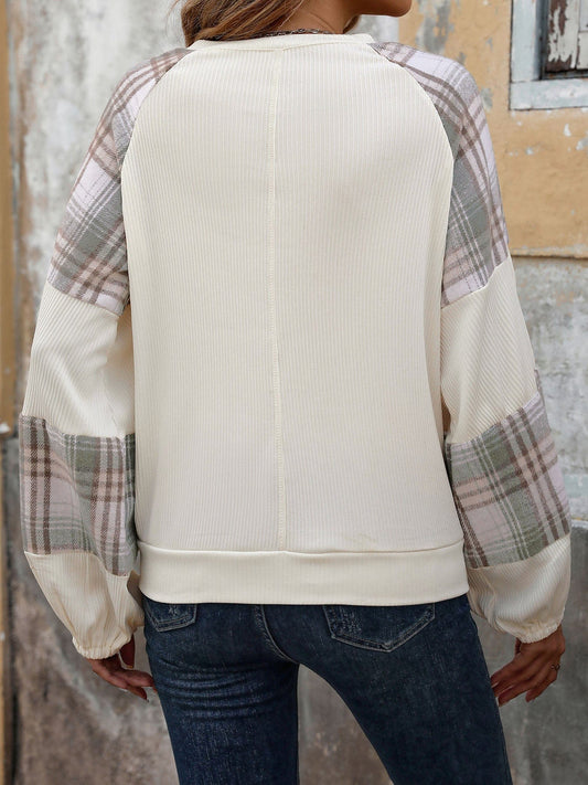 Perfee Plaid Round Neck Long Sleeve Sweatshirt - Trendsi
