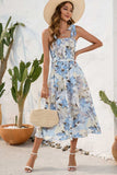 Smocked Printed Square Neck Midi Dress - Trendsi - Flyclothing LLC