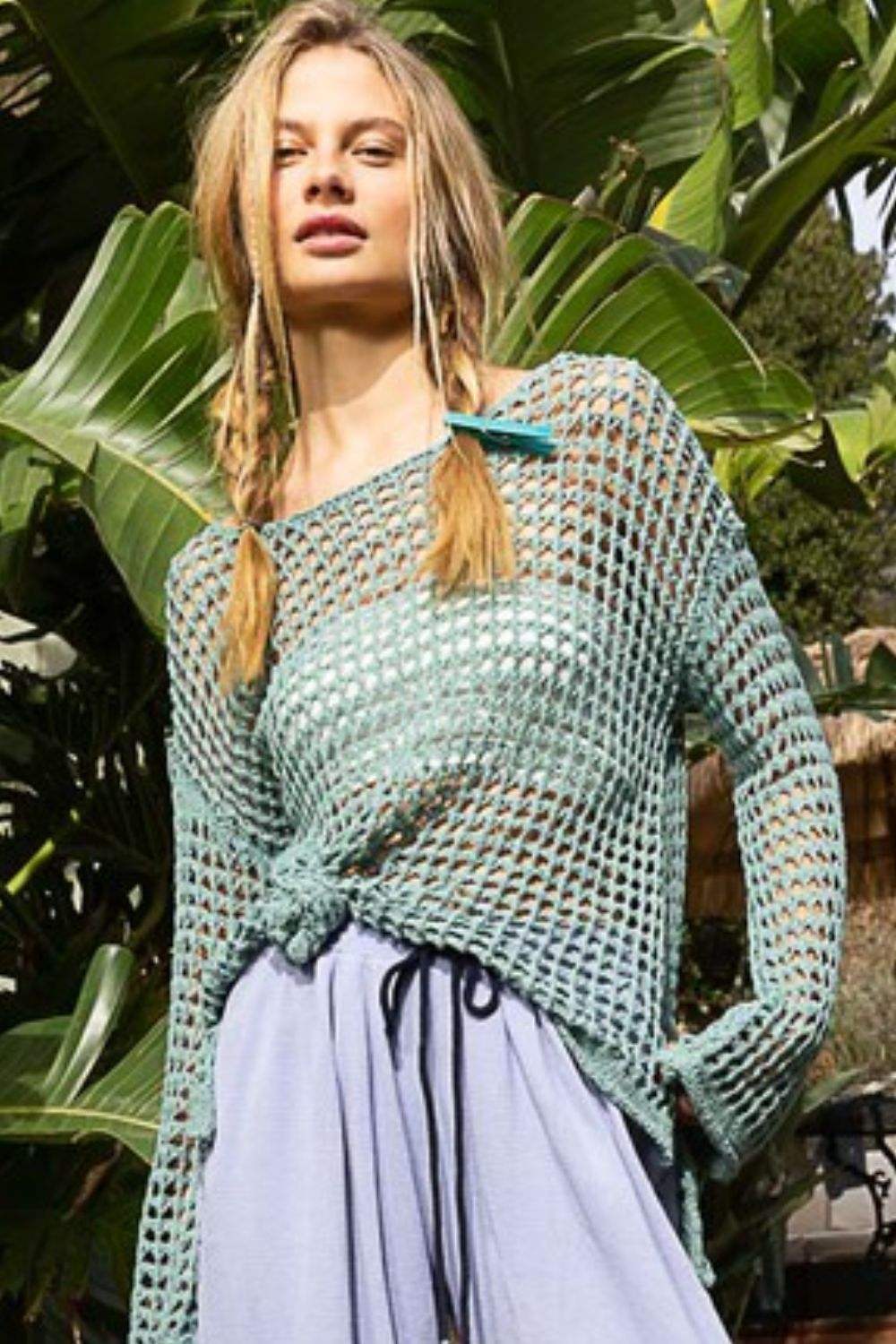 POL Side Slit Openwork Long Sleeve Knit Cover Up - Trendsi - Flyclothing LLC
