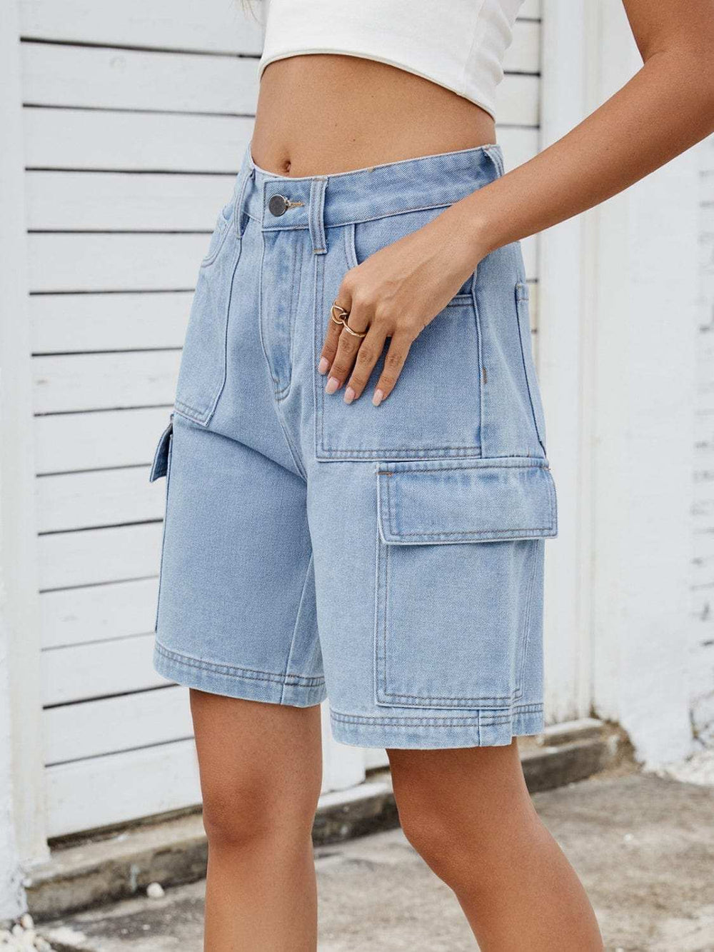 High Waist Denim Shorts with Cargo Pockets - Trendsi - Flyclothing LLC