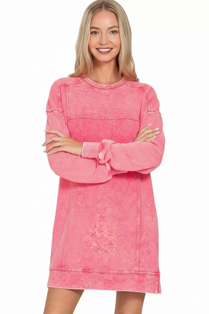 Zenana French Terry Acid Washed Dress with Pockets - Trendsi - Flyclothing LLC
