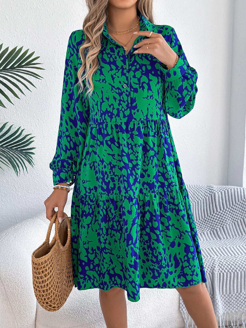 Printed Collared Neck Long Sleeve Dress - Trendsi - Flyclothing LLC