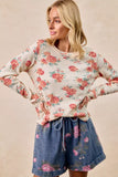 BiBi Floral Print Washed Waffle Thermal Top With Thumb - Trendsi - Flyclothing LLC