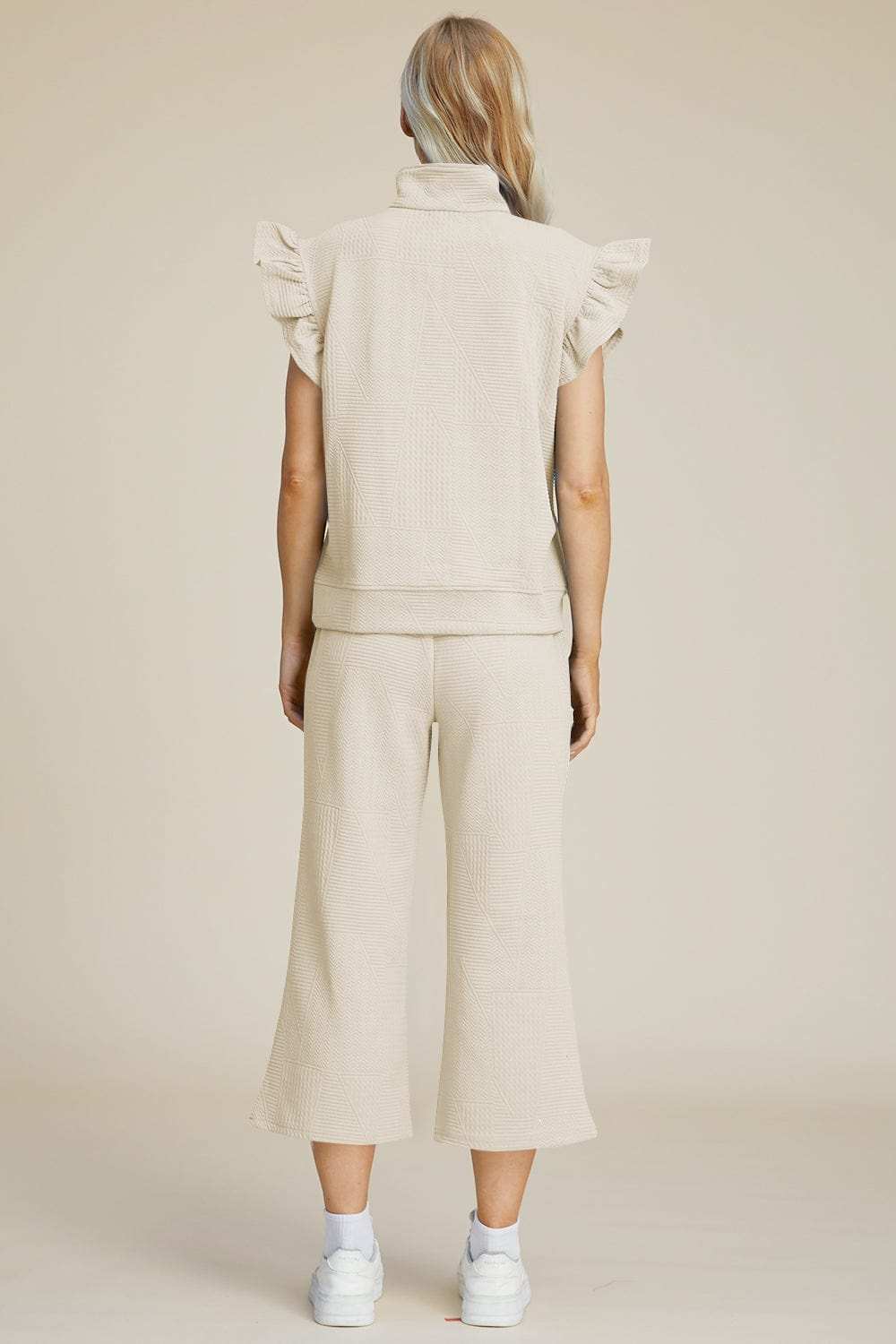 Double Take Full Size Texture Ruffle Short Sleeve Top and Wide Leg Pants Set - Trendsi - Flyclothing LLC