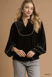 Umgee Velvet Long Sleeve Blouse with Contrast Trim - Trendsi - Flyclothing LLC