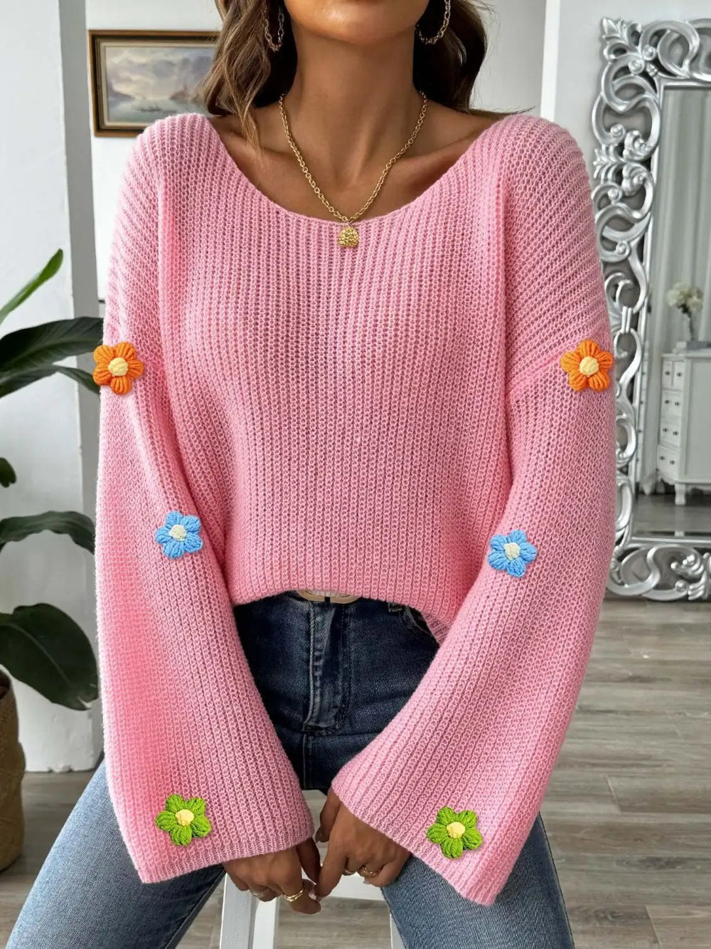 Flower Round Neck Long Sleeve Sweater - Trendsi