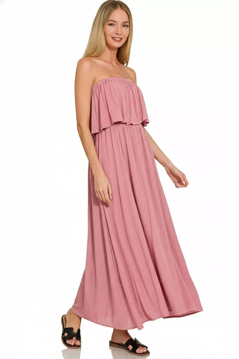 Zenana Woven Crinkle Strapless Maxi Dress - Trendsi - Flyclothing LLC