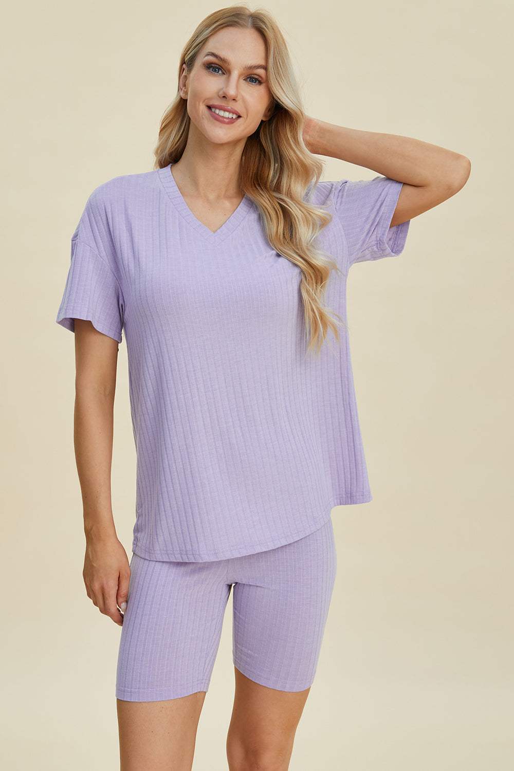 Basic Bae Full Size Ribbed V-Neck Short Sleeve Top and Shorts Set - Trendsi - Flyclothing LLC