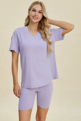 Basic Bae Full Size Ribbed V-Neck Short Sleeve Top and Shorts Set - ShopBasicbae - Flyclothing LLC