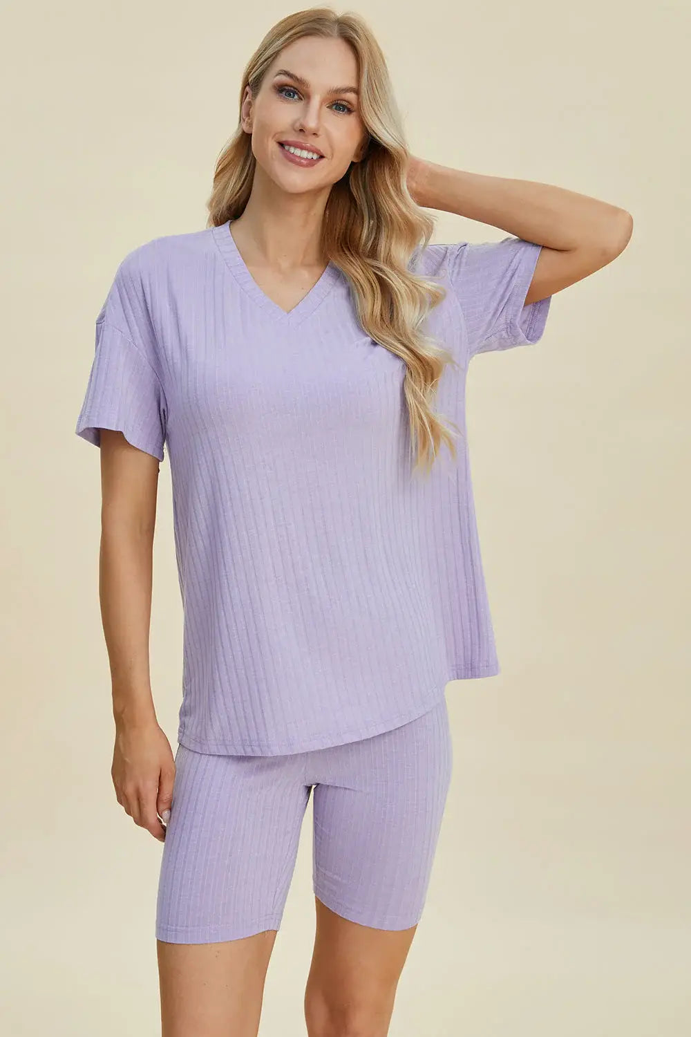 Basic Bae Full Size Ribbed V-Neck Short Sleeve Top and Shorts Set - ShopBasicbae - Flyclothing LLC