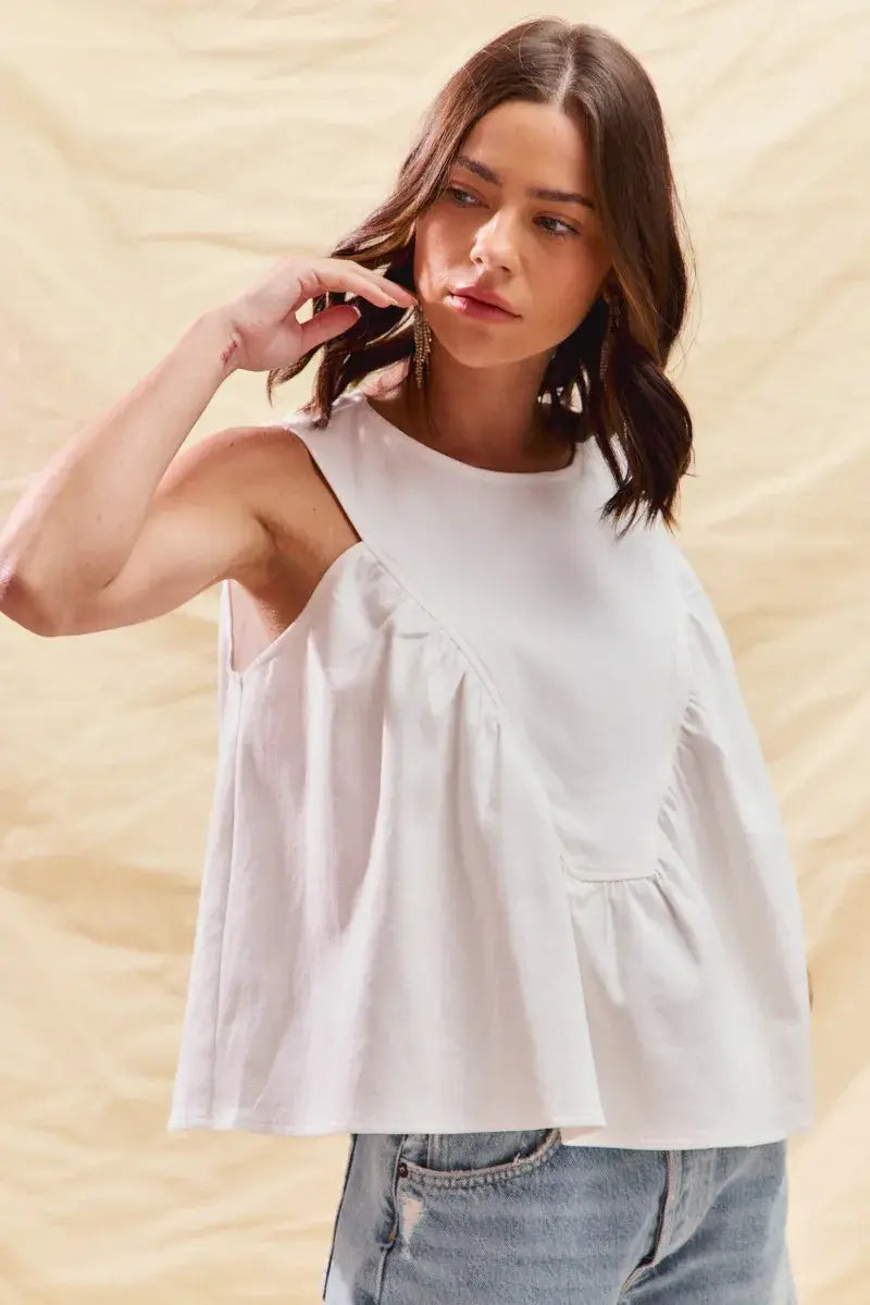 SO ME Game Day Color Denim Ruched Sleeveless Top - Trendsi - Flyclothing LLC
