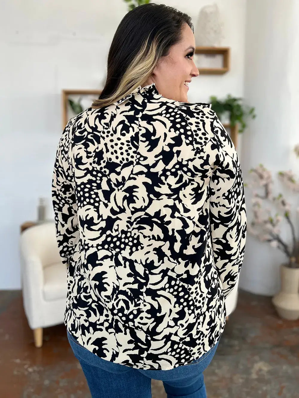 Double Take Full Size Printed Ruffle Trim Balloon Sleeve Shirt - Trendsi - Flyclothing LLC