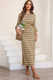 Slit Striped Round Neck Midi Dress - Trendsi - Flyclothing LLC