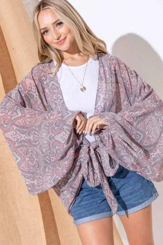 And The Why Sheer Front Tie Knot Oversized Kimono Wrap Cover Up - Trendsi - Flyclothing LLC