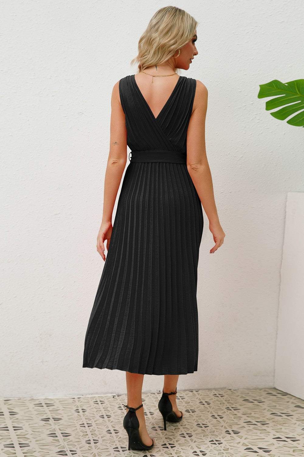Surplice Sleeveless Midi Pleated Dress - Trendsi - Flyclothing LLC
