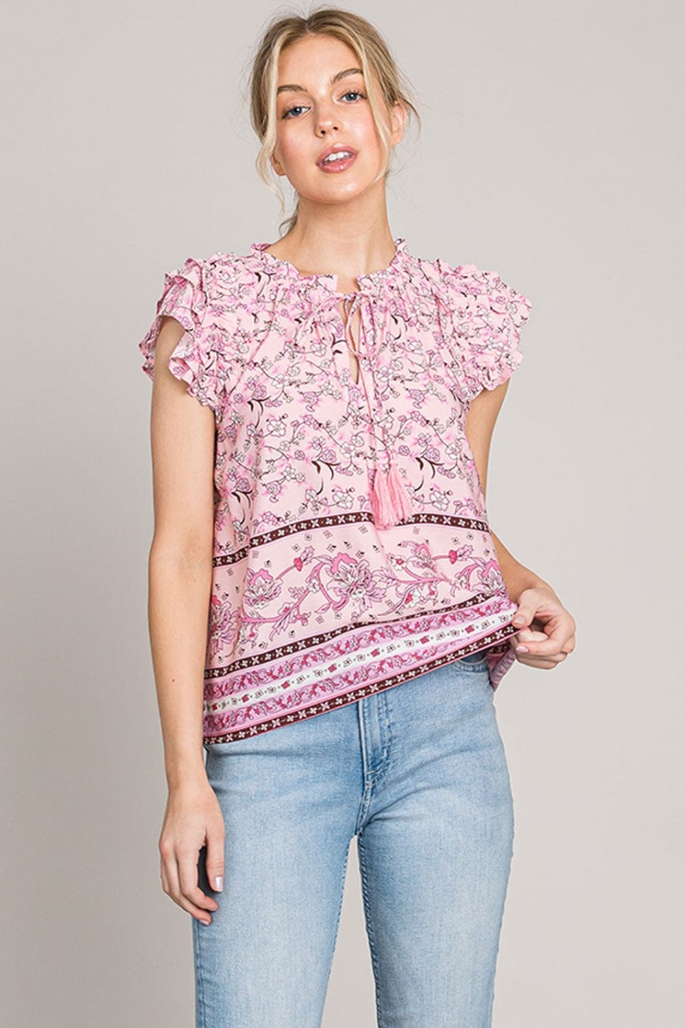Cotton Bleu by Nu Lab Print Ruffle Sleeve Detail Blouse - Trendsi