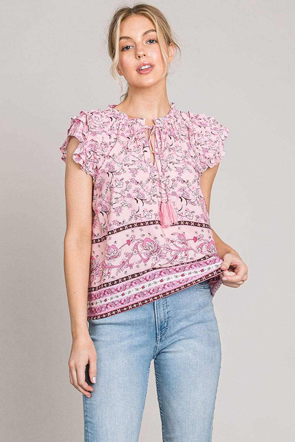 Cotton Bleu by Nu Lab Print Ruffle Sleeve Detail Blouse - Trendsi - Flyclothing LLC