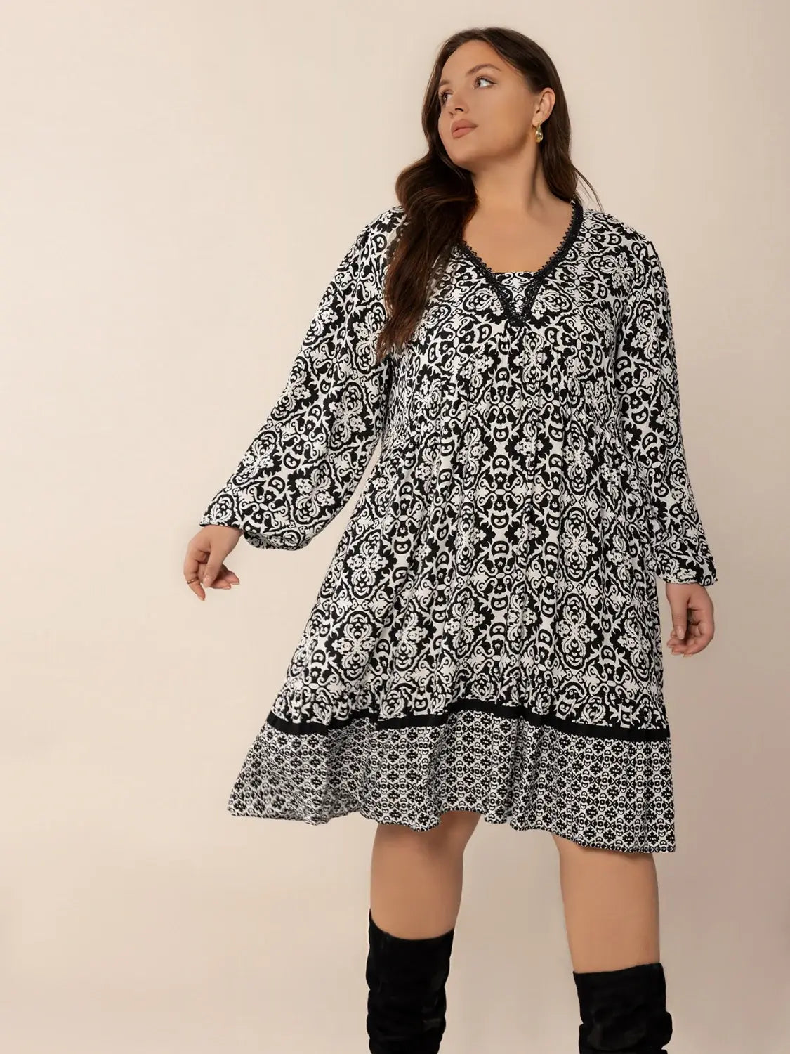 Plus Size Lace Detail Printed Balloon Sleeve Dress - Trendsi - Flyclothing LLC