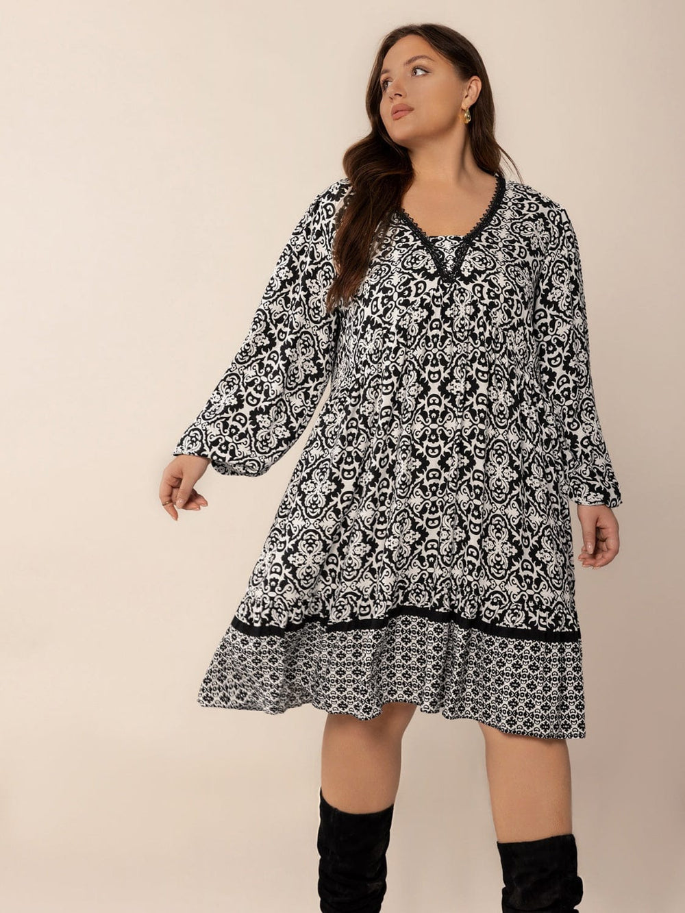 Plus Size Lace Detail Printed Balloon Sleeve Dress - Trendsi