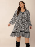 Plus Size Lace Detail Printed Balloon Sleeve Dress - Trendsi