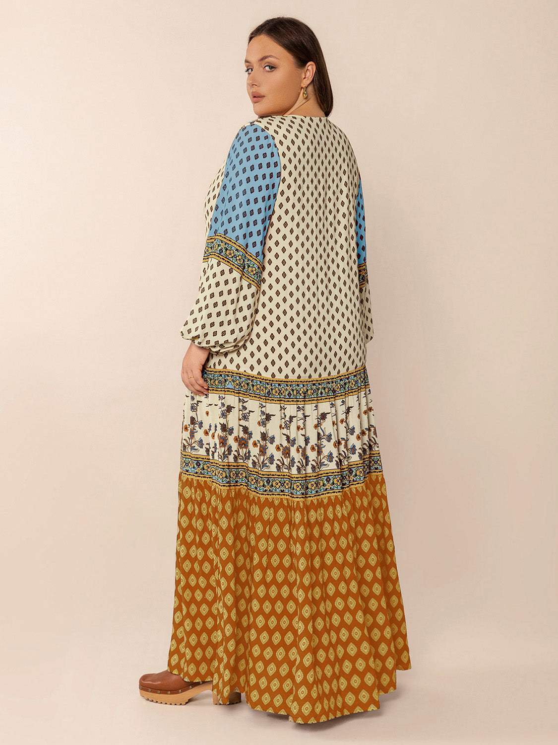 Plus Size Printed V-Neck Balloon Sleeve Maxi Dress - Trendsi - Flyclothing LLC