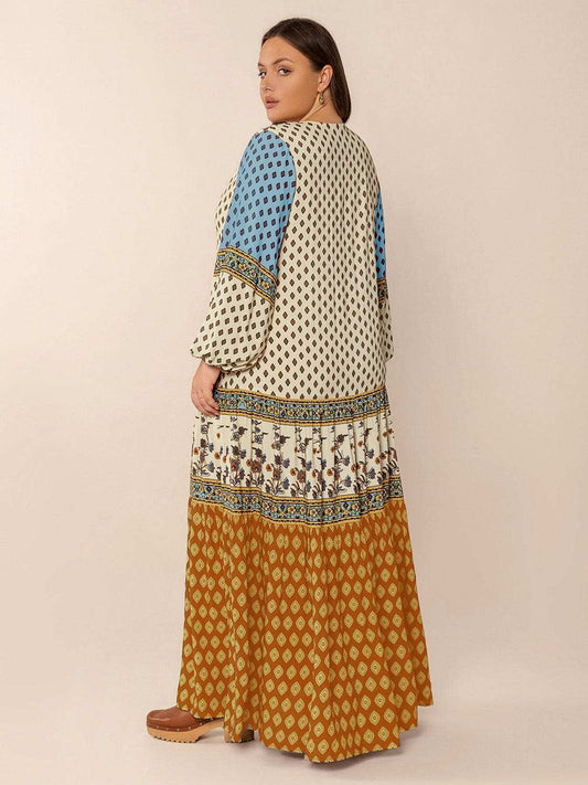 Plus Size Printed V-Neck Balloon Sleeve Maxi Dress - Trendsi - Flyclothing LLC