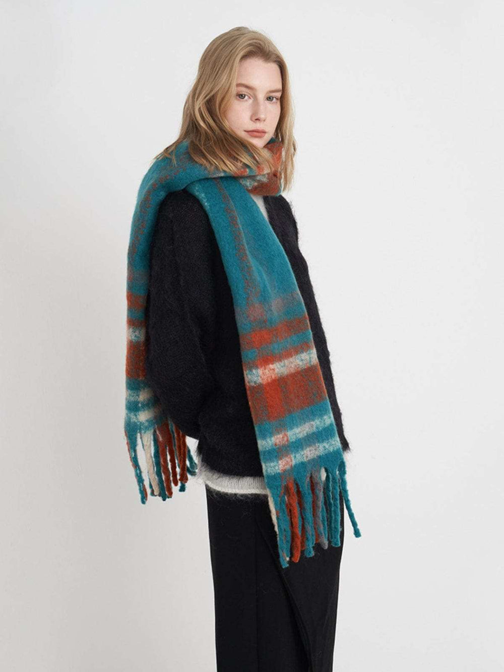 Fringe Plaid Polyester Scarf - Trendsi - Flyclothing LLC