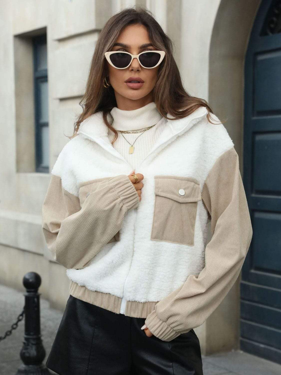 Contrast Zip Up Long Sleeve Jacket - Trendsi - Flyclothing LLC