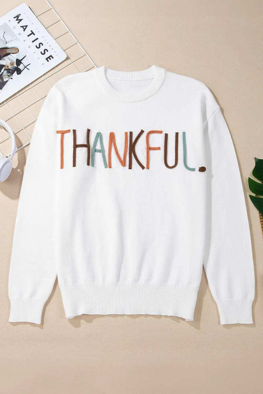 THANKFUL Round Neck Long Sleeve Knit Top - Trendsi - Flyclothing LLC