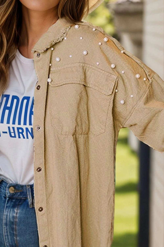 Raw Hem Pearl Trim Dropped Shoulder Denim Jacket - Trendsi - Flyclothing LLC