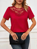 Lace Mesh Panel Short Sleeve Blouse - Trendsi