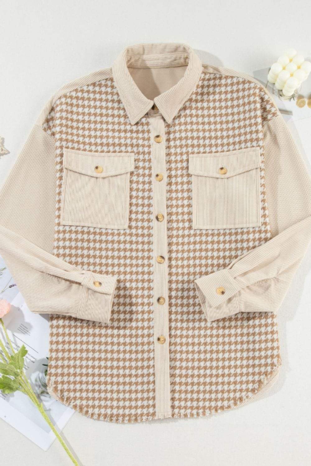 Houndstooth Button Up Long Sleeve Jacket - Trendsi - Flyclothing LLC
