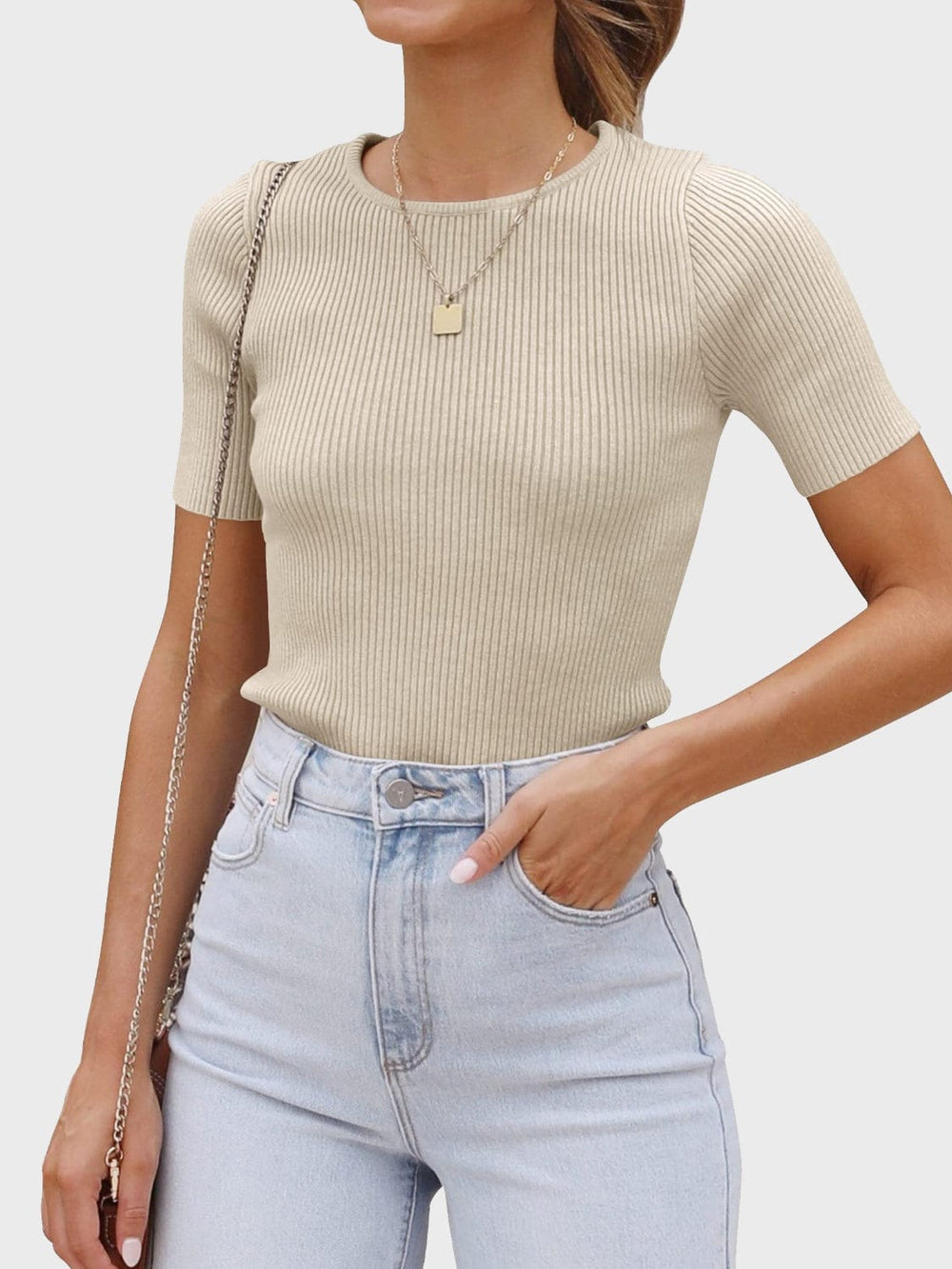 Round Neck Short Sleeve Knit Top - Trendsi