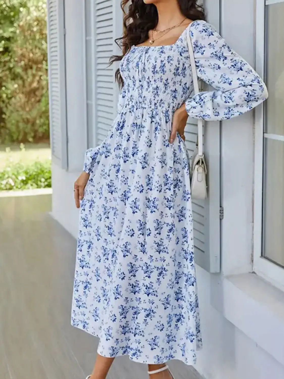 Slit Smocked Floral Square Neck Balloon Sleeve Midi Dress - Trendsi - Flyclothing LLC