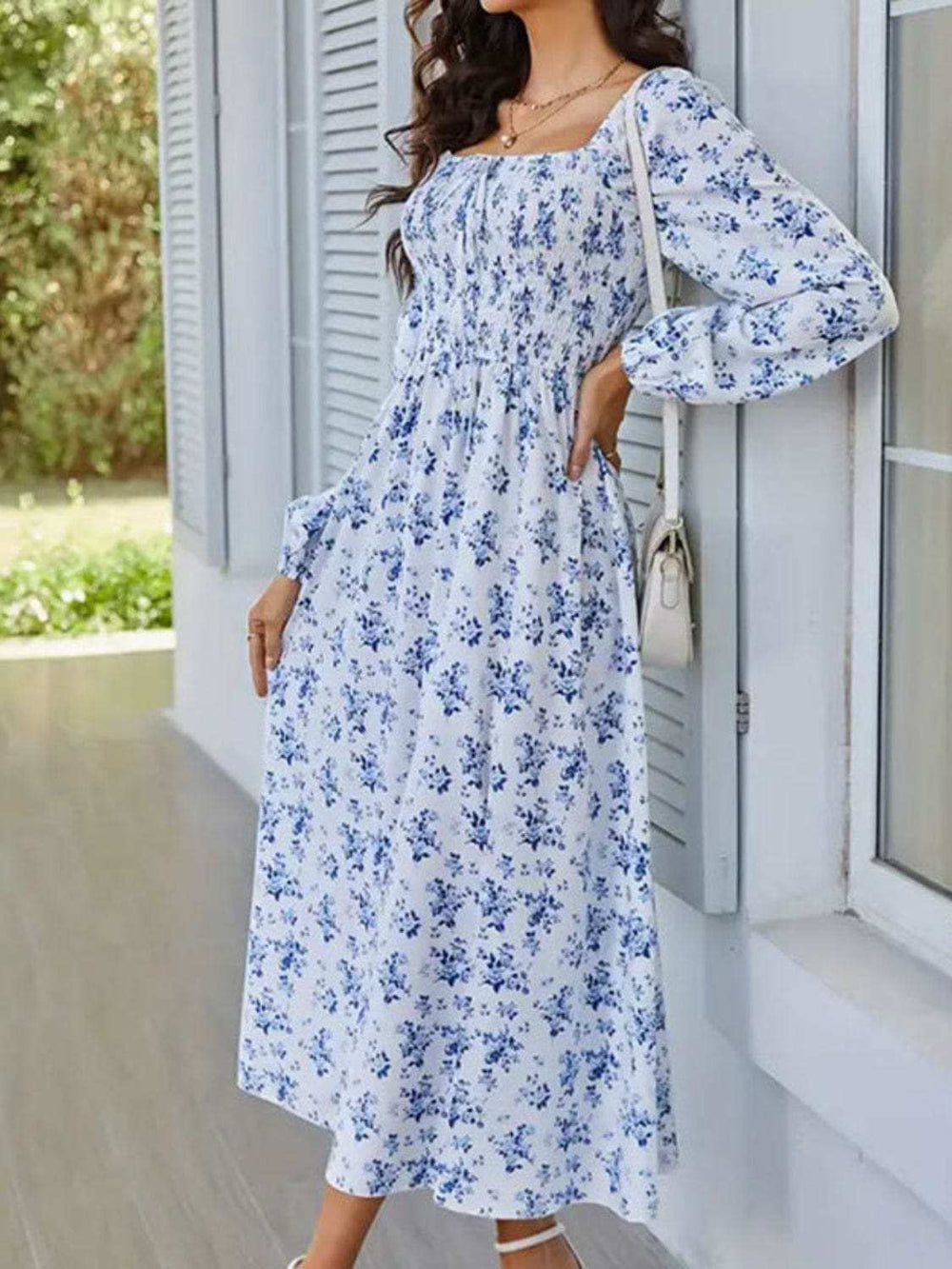 Slit Smocked Floral Square Neck Balloon Sleeve Midi Dress - Trendsi - Flyclothing LLC